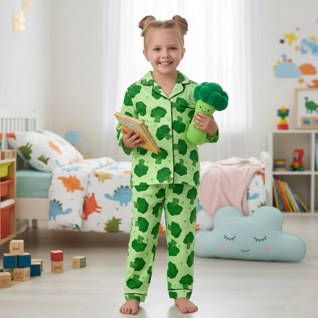 Broccoli Print Family Pajamas, Matching Adult & Kids Pajama Set, Fun Vegetable PJs