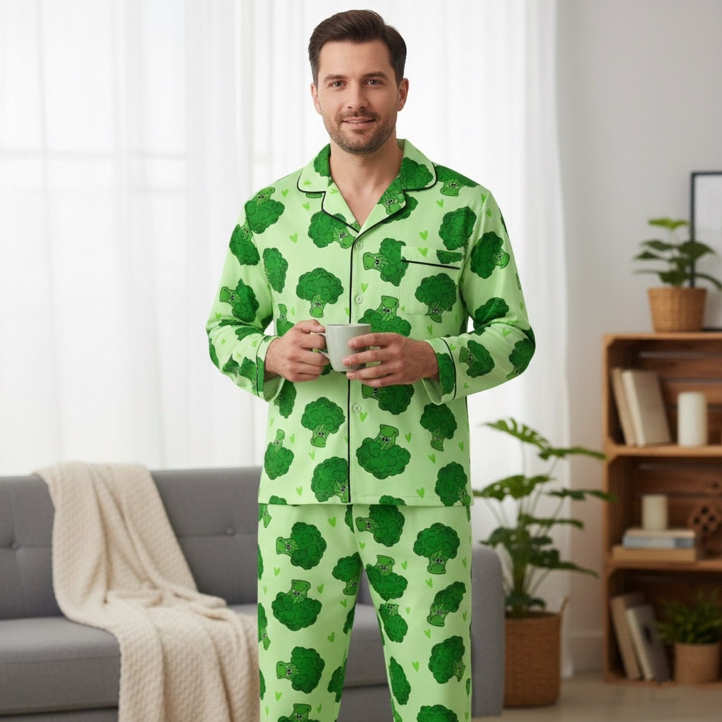 Broccoli Print Family Pajamas, Matching Adult & Kids Pajama Set, Fun Vegetable PJs